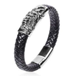Scorpio Black Leather & Stainless Steel Bracelet-8.5 inches